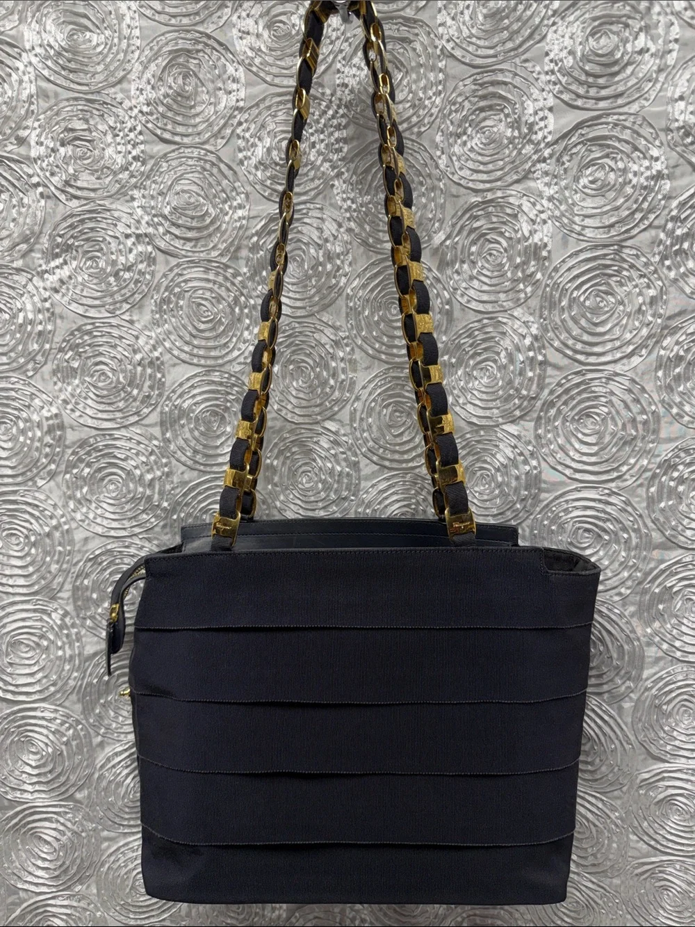 Salvatore Ferragamo Tiered Canvas & Leather Bag with Gold-tone Gancini Chain S